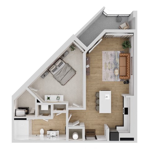 A top-down view of a modern apartment layout.
